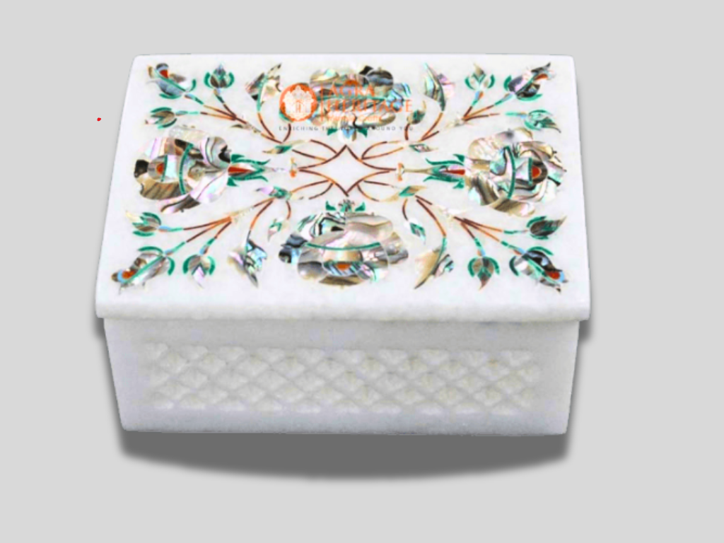 Abalone Pauashell Stone Filigree Floral Marble Storage Box